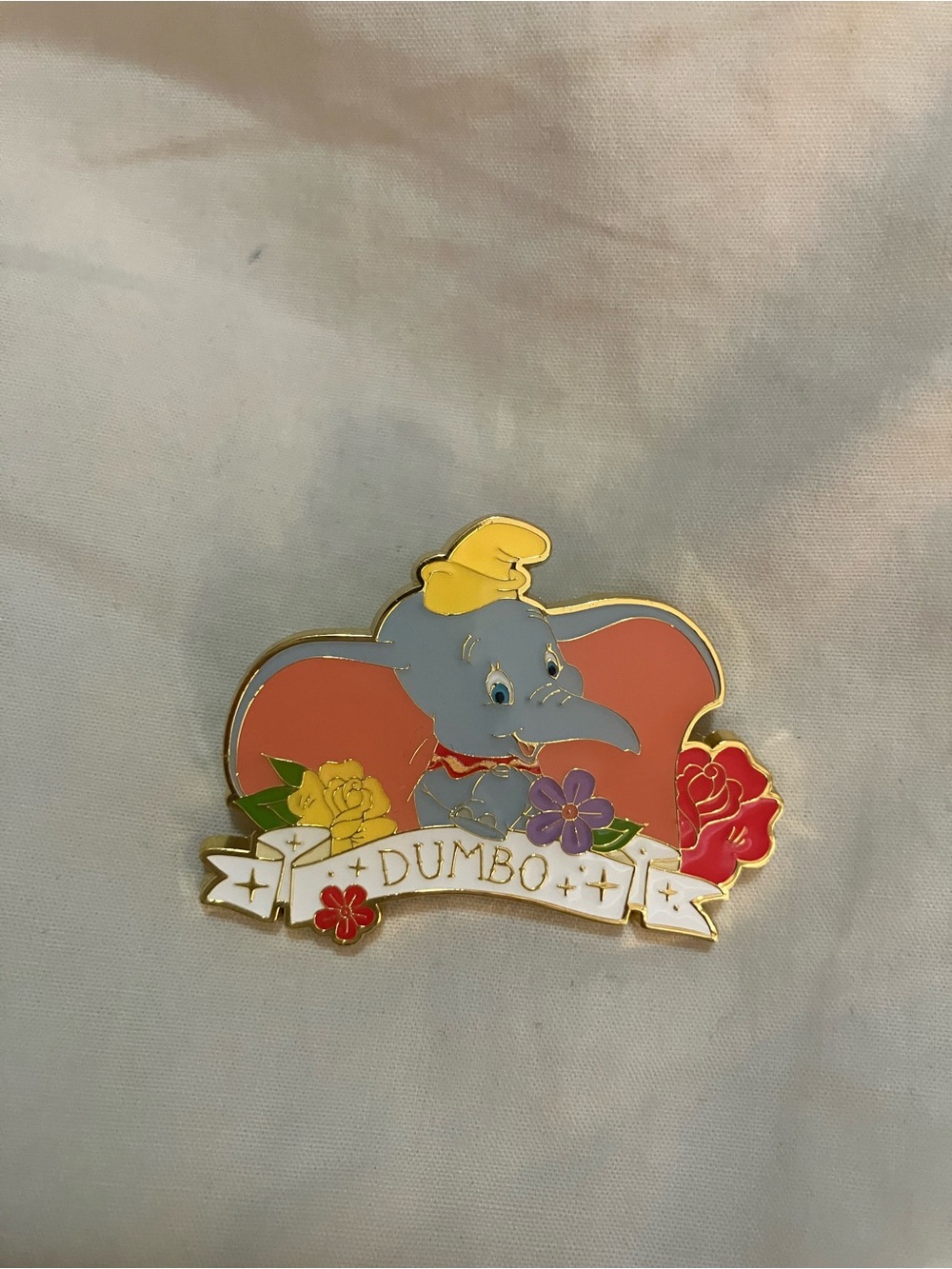 Dumbo Enamel Pin - Gray & Coral with Floral Accents